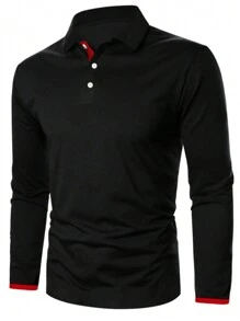 Manfinity Homme Men Plus Contrast Trim Polo Shirt, Men Black And Red Polo Shirt, Men Long Sleeve Black Polo Shirt, Fall - Black - View 5