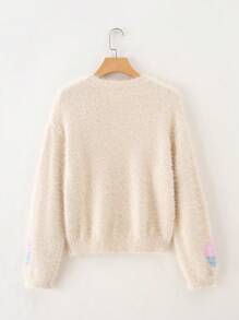 Teen Girl Graphic Pattern Drop Shoulder Fuzzy Sweater