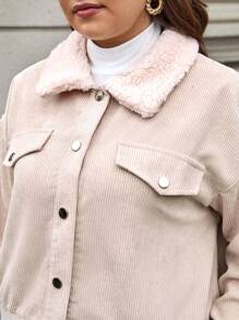 SHEIN Frenchy Plus Borg Collar Flap Detail Drop Shoulder Corduroy Jacket - Apricot - View 5