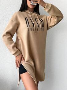 EURMUSE Letter Graphic Drop Shoulder Drawstring Hoodie Dress - Apricot - View 3