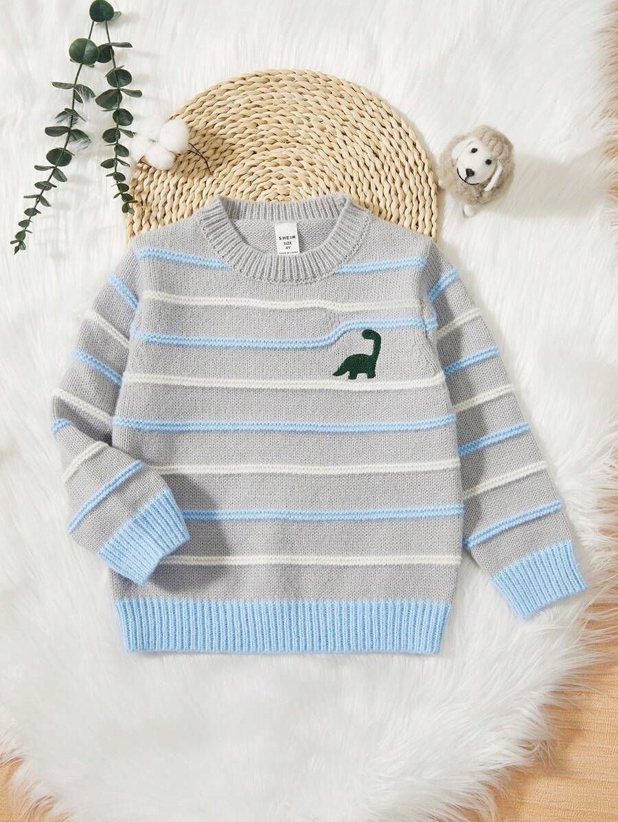 Chàng trai trẻ Mẫu sọc Thêu Khủng long Áo len - Xám - Xem 1