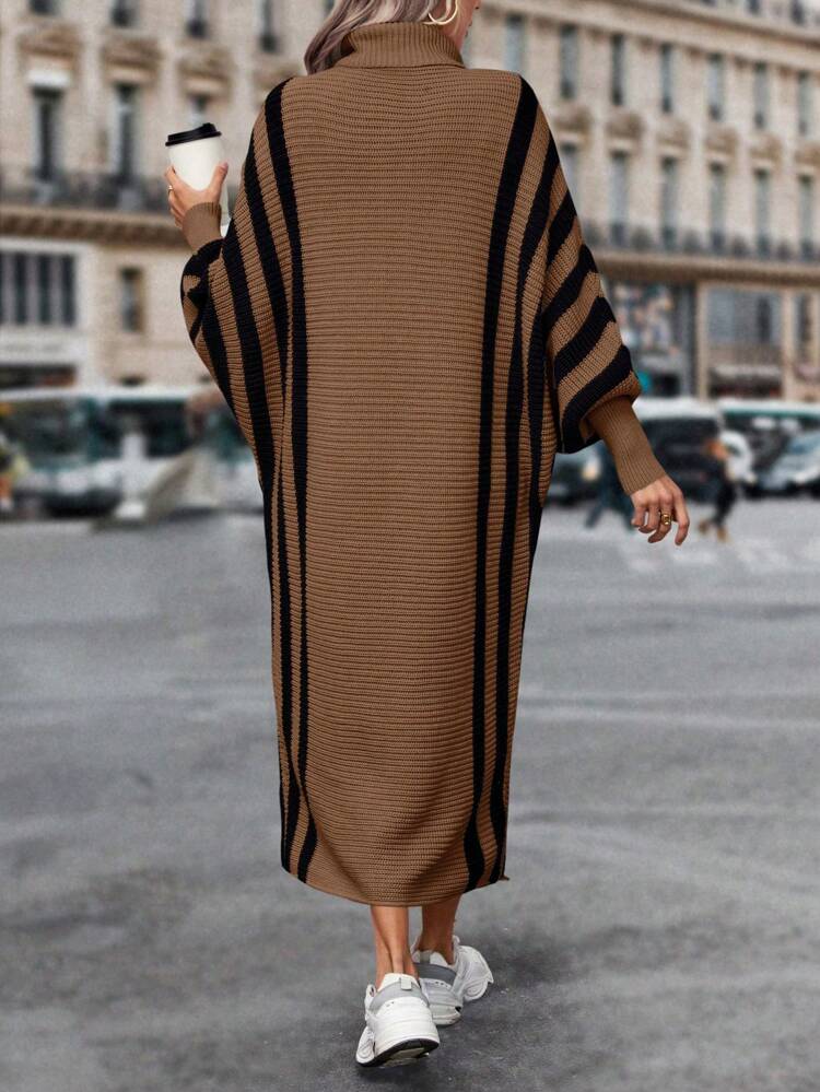 Striped Pattern Turtleneck Batwing Sleeve Sweater Dress Fall Winter Cloth For Women