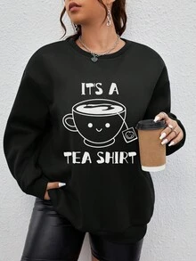 Flirla Hơn Đồ họa hoạt hình và khẩu hiệu Thả vai Áo nỉ - màu đen - Xem 3