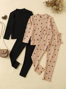 SHEIN 女小童2入組羅紋針織小高領T恤&2入組緊身打底褲 - 彩色 - 查看 1