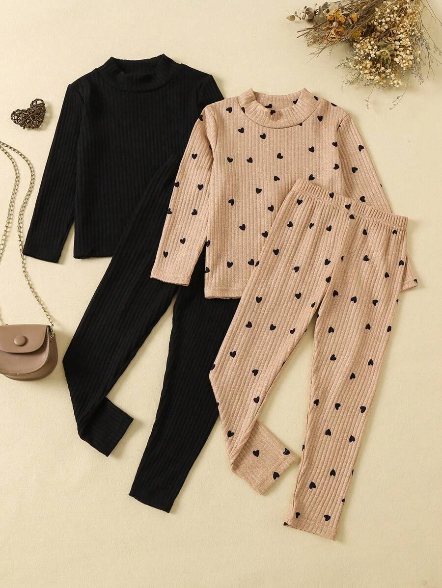 SHEIN 女小童2入組羅紋針織小高領T恤&2入組緊身打底褲 - 彩色 - 查看 1