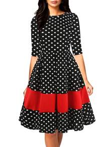 波點印花彩塊裙 - 黑色 - 查看 1