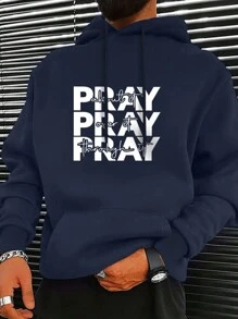 Plus Letter Graphic Kangaroo Pocket Drawstring Hoodie - Navy Blue - View 1