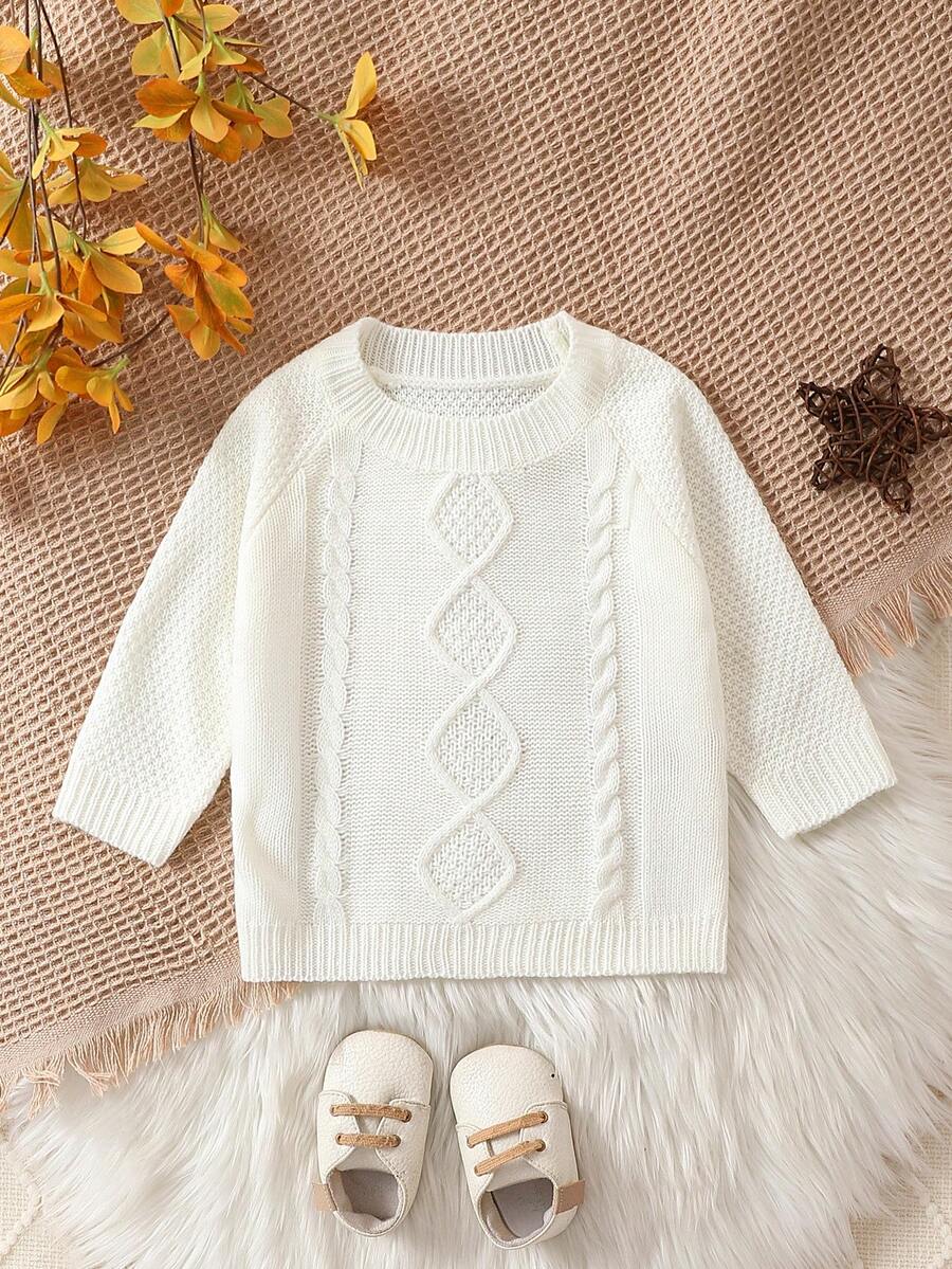 男嬰插肩袖麻花編織套頭毛衣 - 白色 - 查看 1