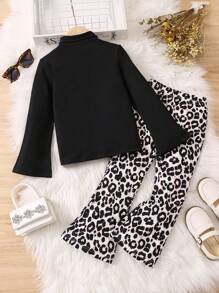 SHEIN 女小童小高領喇叭袖T恤&豹紋印花喇叭褲 - 黑色 - 查看 1
