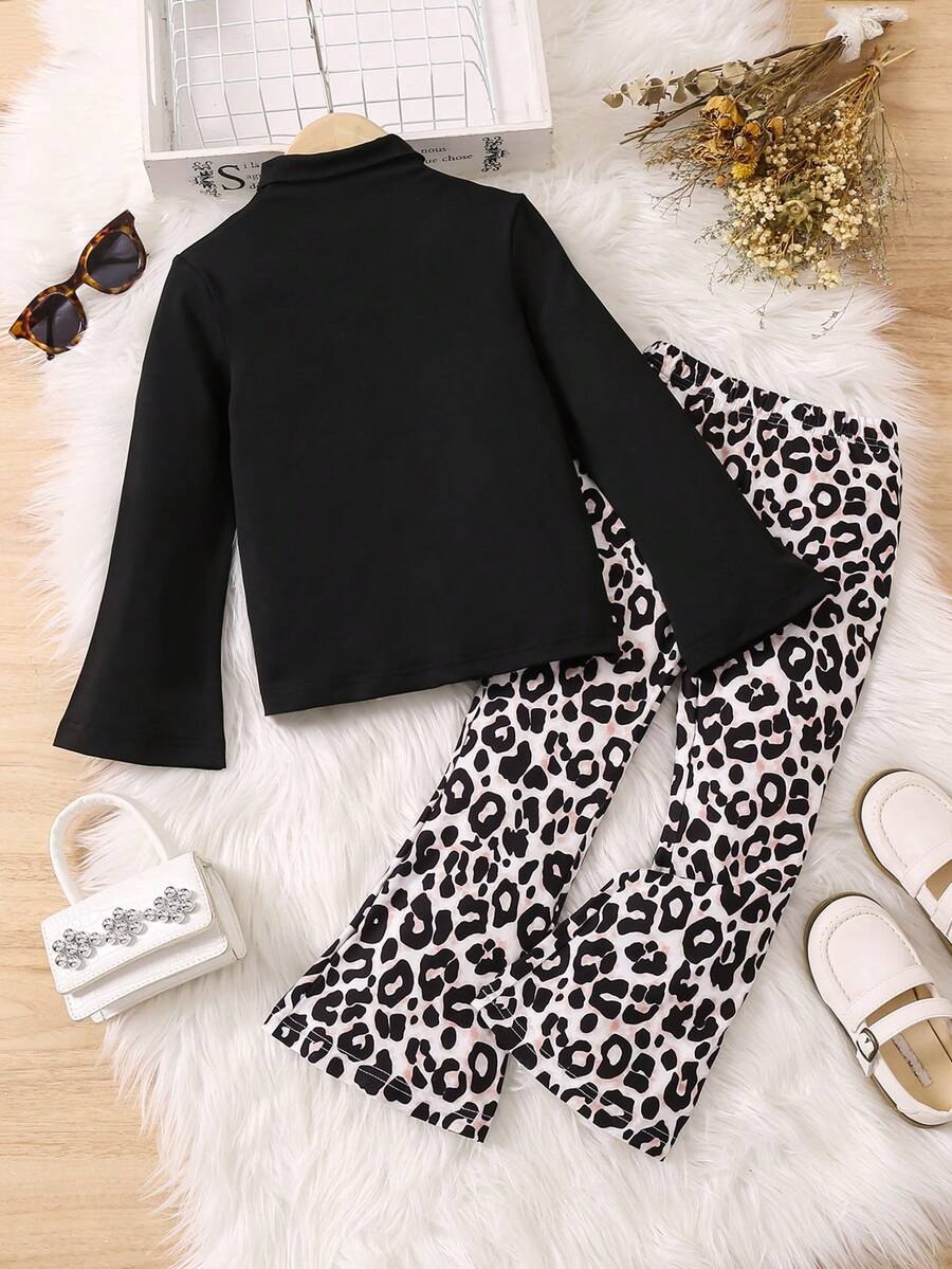SHEIN 女小童小高領喇叭袖T恤&豹紋印花喇叭褲 - 黑色 - 查看 1