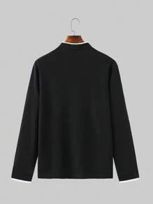 Manfinity Homme Men Contrast Panel Baseball Collar Quarter Button Polo Shirt, For Work, For Husband & Daddy - Black - View 2