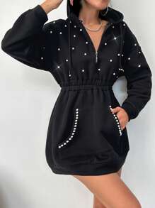 SHEIN Cottnline Pearls Beaded Drop Shoulder Drawstring Hooded Sweatshirt Dress - Black - View 5
