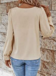 SHEIN LUNE Enfärgat Knappdetalj Puff Ärm Blusar - Aprikos - Visa 2