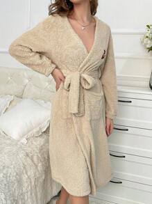 Thêu Chữ Túi Kép Thắt lưng Teddy ÁO choàng mặc nhà - Màu be - Xem 5