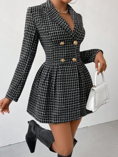 Women's Plaid Pattern Blazer Collar Double-Breasted Pleated Tweed Jacket