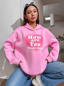 SHEIN Qutie Slogan Graphic Drop Shoulder Hoodie - Pink - View 6
