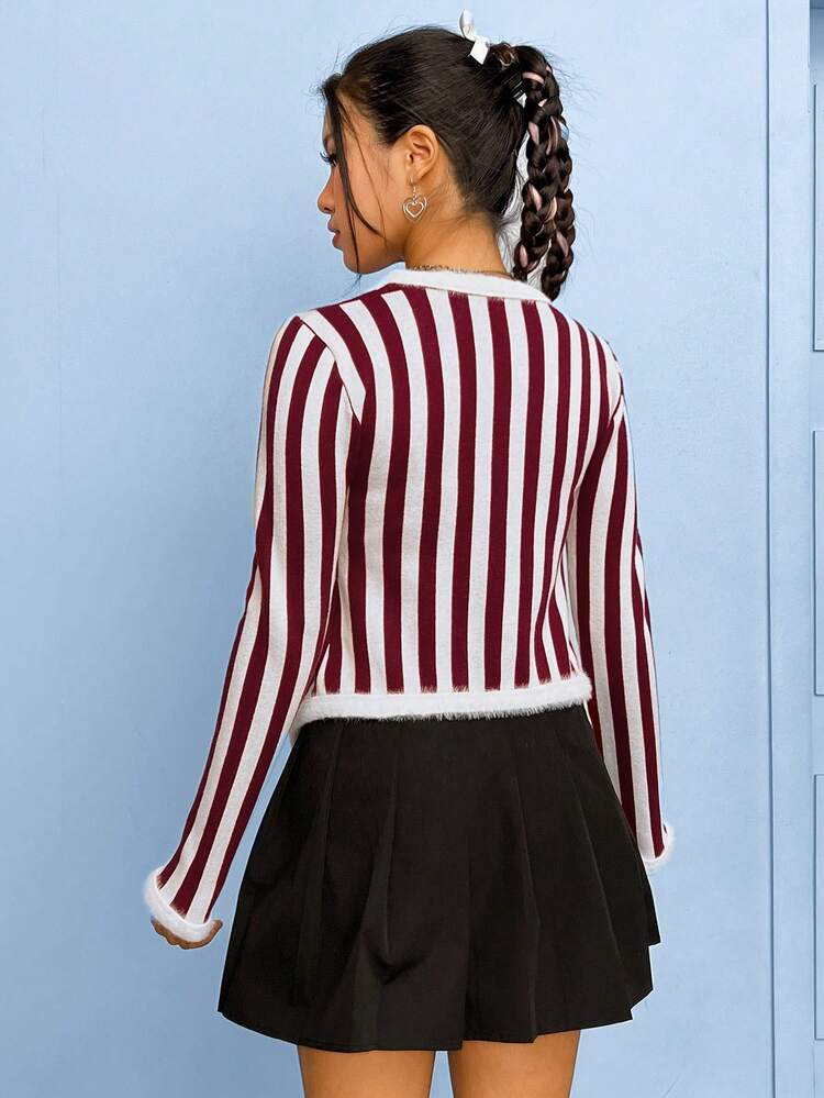 Striped Pattern Fuzzy Trim Button Front Cardigan