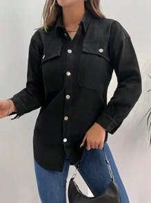 EURMUSE Women's Casual Versatile Solid Color Denim Jacket, Autumn - Black - View 5