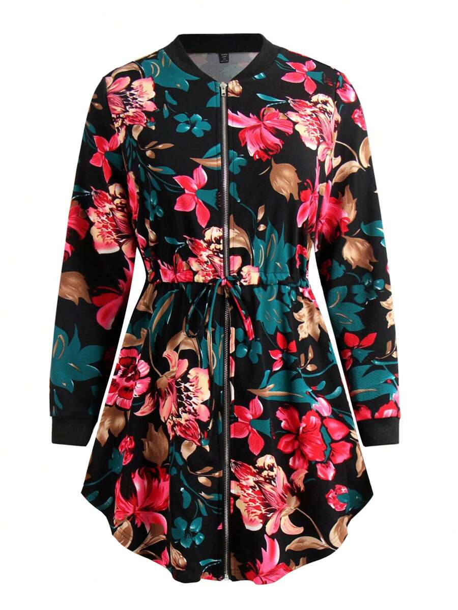 Plus Floral Print Drawstring Waist Curved Hem Coat - Black - View 1