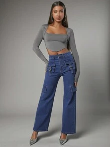 SHEIN BAE Women's Loose-fit Straight Leg Jeans With Multiple Pockets - Blue - View 2
