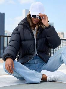 EURMUSE Zip Up Hooded Puffer Coat - Black - View 5