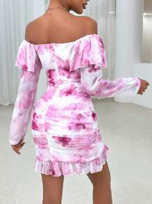 SHEIN Privé 紮染一字肩荷葉邊褶邊緊身洋裝 - 粉色 - 查看 2