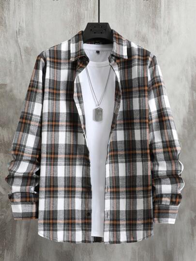 Manfinity Homme Men Plaid Print Long Sleeve Shirt Without Tee, Fall