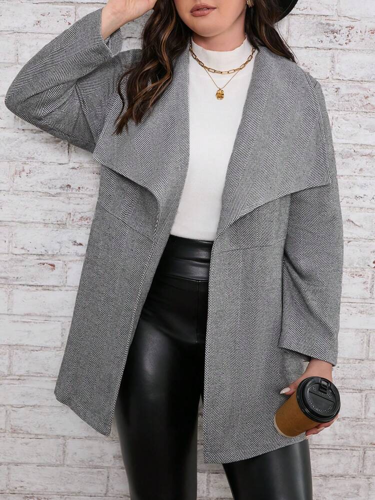 Plus Herringbone Waterfall Collar Open Front Overcoat