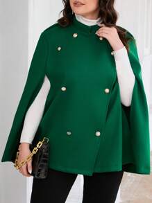 SHEIN LUNE 大碼斗篷袖雙排釦斗篷大衣 - 綠色 - 查看 1