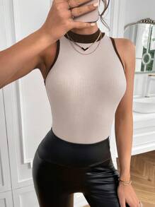 SHEIN Essnce 撞色滾邊小高領背心上衣 - 棕色 - 查看 3