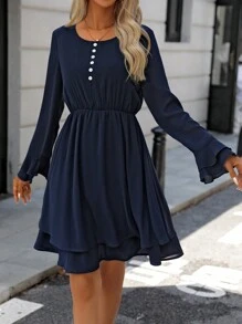 SHEIN LUNE Bell Sleeve Button Detail Dress Fall Cloth For Women - Blue - View 7