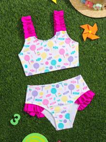 Young Girl Cartoon Candy Printed Ruffled Bikini Set Summer Beach - Pink - View 1