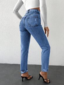 EURMUSE Women's Zipper Fly Denim Pants With Button Placket ,Petite Women - Medium Wash - View 2