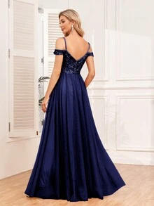 Shoulder-Baring Sequin Corset With Mesh Panels, Elegant Evening Gown Suitable For Formal Wedding Guests, Graduation Ceremonies, Galas And Other Occasions - Navy Blue - View 2