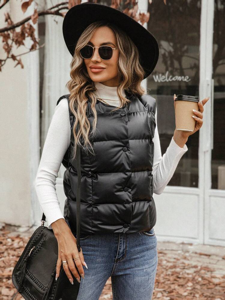 Solid Button Front Vest Padded Padded Coat Clothes Winter