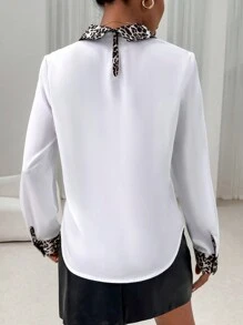 SHEIN Privé Leopard Print Contrast Collar Flap Detail Blouse - Multicolor - View 2