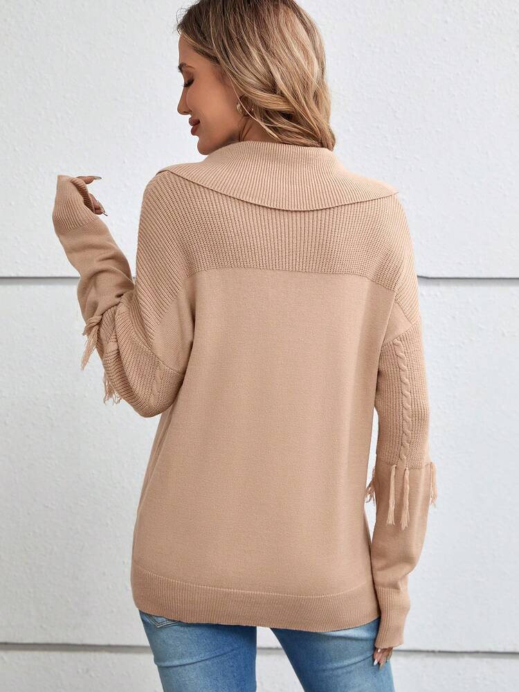 Foldover Collar Fringe Trim Drop Shoulder Sweater