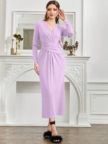 Modelyn Surplice cổ Eo Ruched Đầm - Màu tím hoa cà - Xem 5