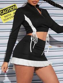 SHEIN SXY 半拉鏈側抽繩短款T恤 - 黑色 - 查看 5