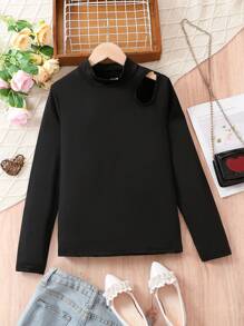 Thiếu niên cô gái Cắt bỏ chi tiết Cổ giả Áo thun - màu đen - Xem 1