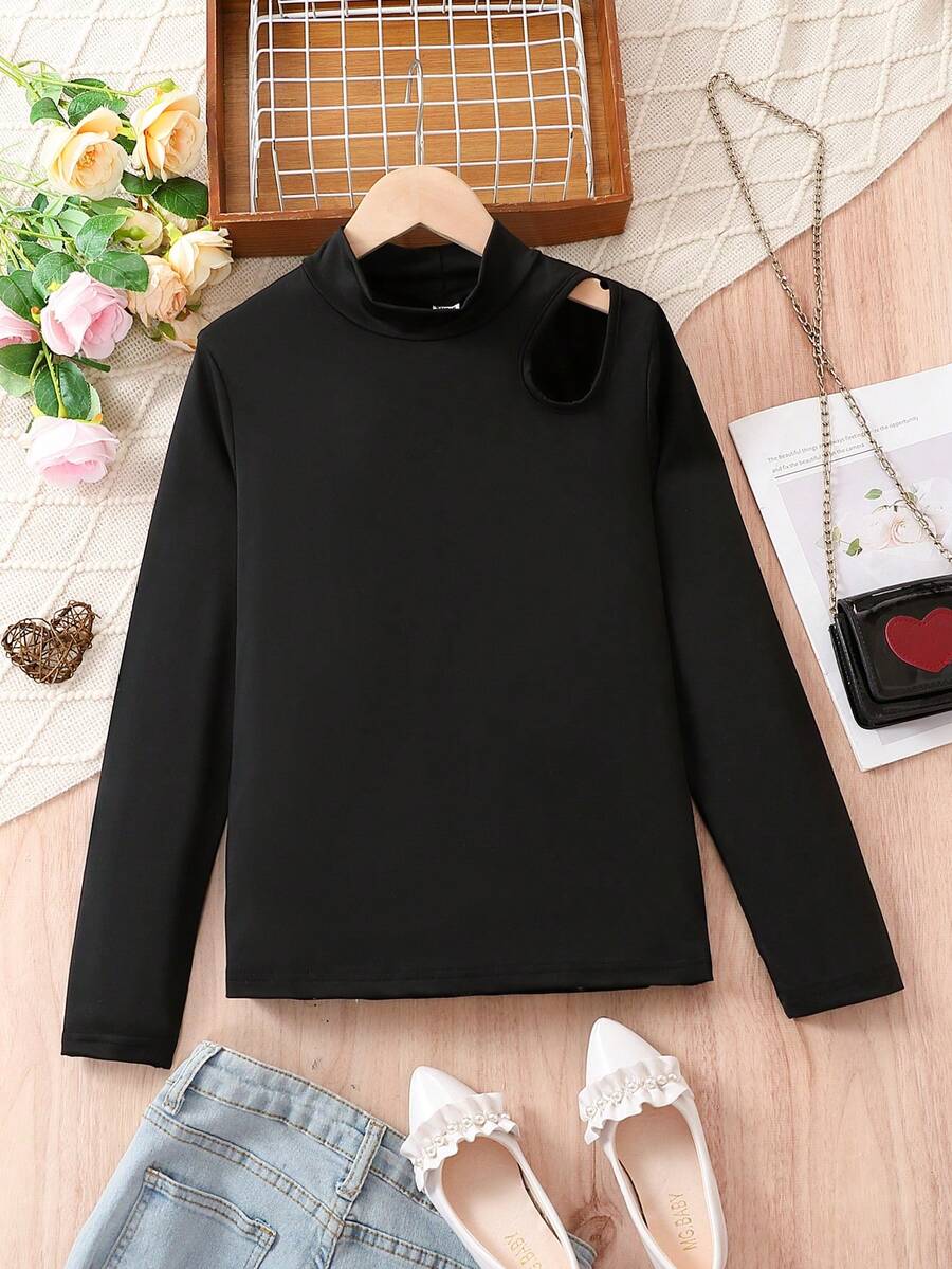 Thiếu niên cô gái Cắt bỏ chi tiết Cổ giả Áo thun - màu đen - Xem 1