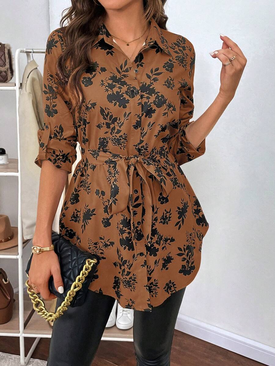 SHEIN Clasi 花卉印花卷袖系带衬衫，长袖上衣 - 咖啡棕 - 查看 1