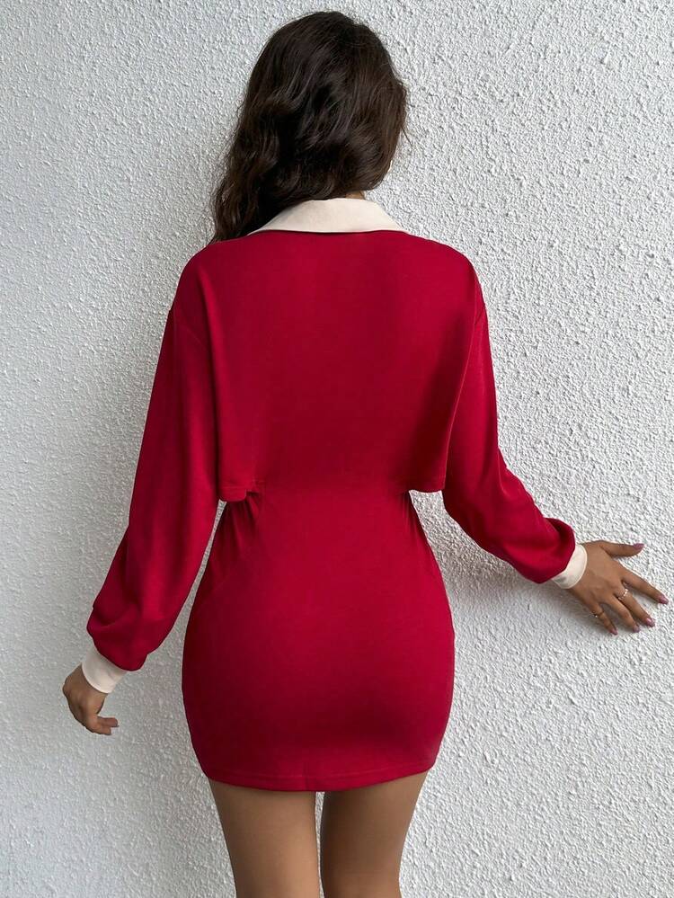 Letter Embroidery Contrast Collar Drop Shoulder Sweatshirt Dress