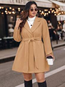 Celure Talla grande Abrigo de peluche cuello con cinturón - Caqui - Ver 4