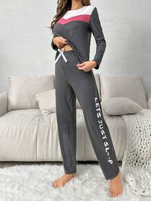 Colorblock Tee & Letter Graphic Bow Waist Pants PJ Set - Dark Grey - View 5