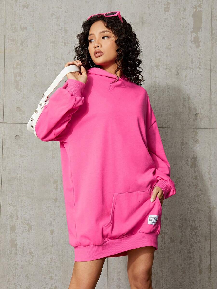 SHEIN 少女宽松针织卫衣，带织唛袋 - 玫紅色 - 查看 1