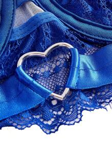 花卉蕾絲鋼圈吊帶襪內衣套裝 - 寶藍色 - 查看 6