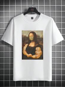 Manfinity LEGND 男士蒙娜丽莎图案印花短袖 T 恤，休闲，适合外出，男友礼物 - 白色 - 查看 2