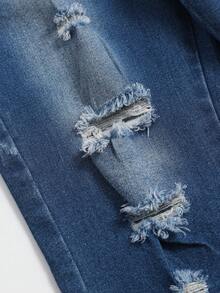 SHEIN Explorewe Chica preadolescente Jeans de pierna amplia desgarro ribete sin dobladillo - Azul lavado medio - Ver 3