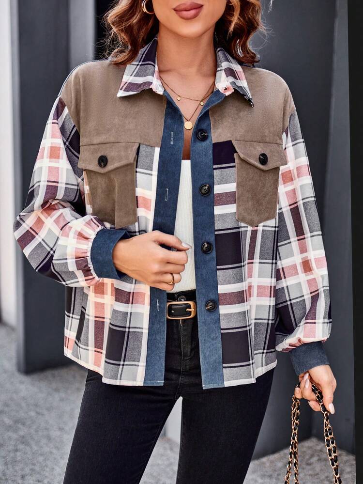 Plaid Print Button Front Drop Shoulder Flap Pocket Coat